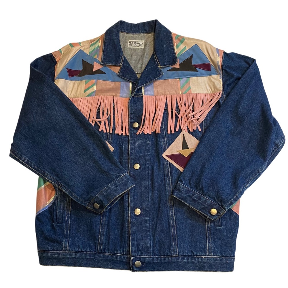 Vintage SportDeco Western Style with Suede Details Denim Jean Jacket Sz. Large - Picture 2 of 7